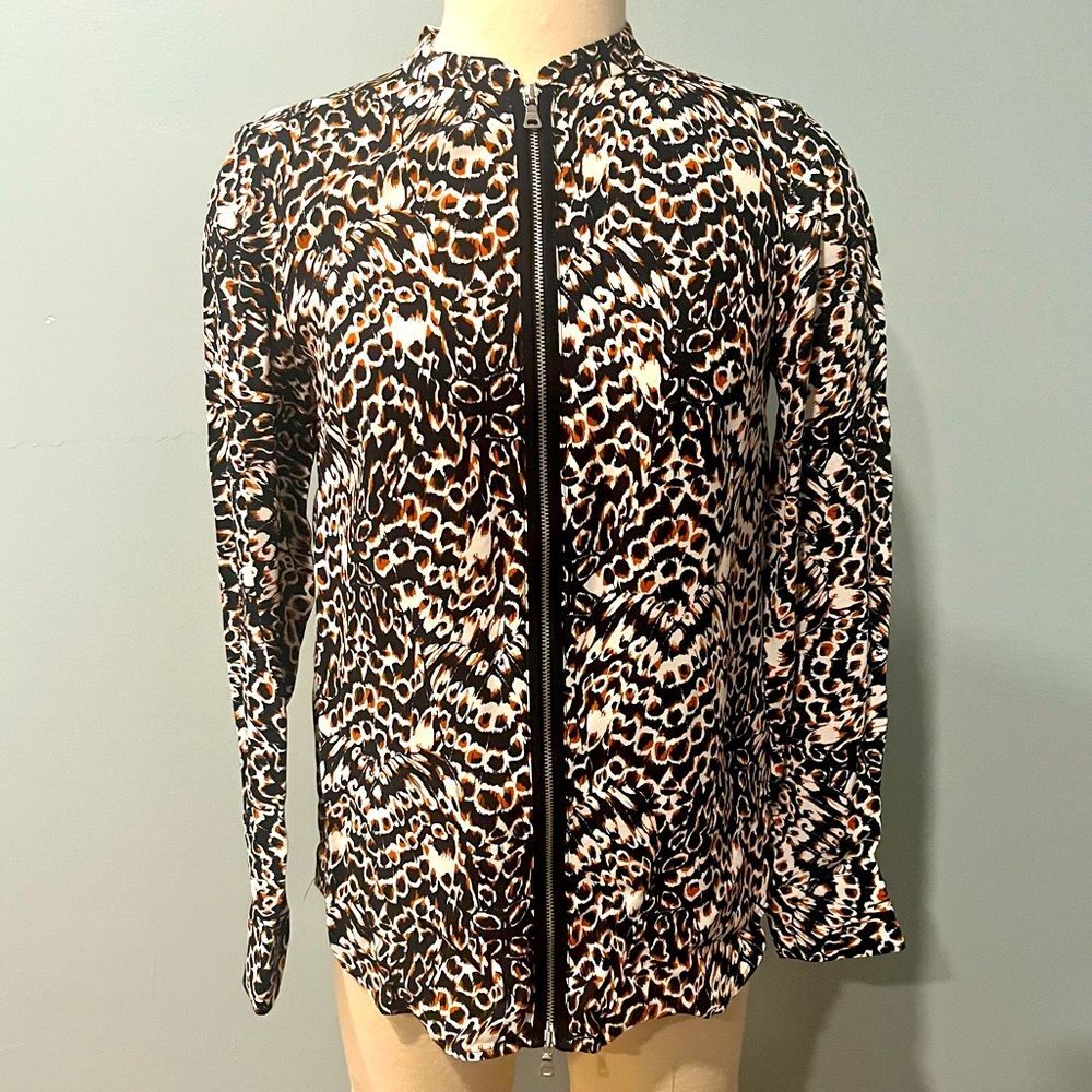 NWT French Connection Black Multi Cheetah Print Zip Front Long Sleeve Blouse 4